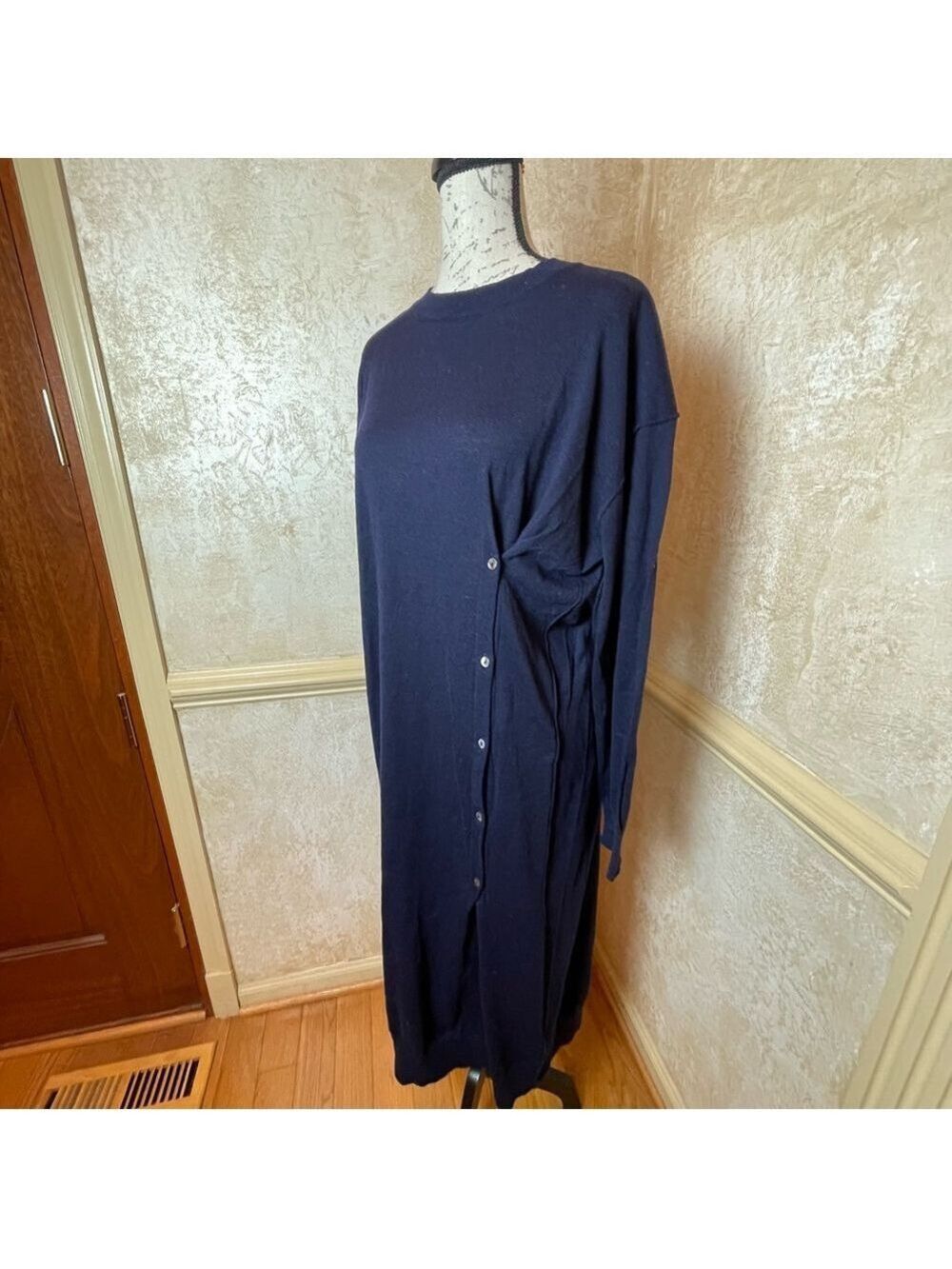 ZARA Fine Wool Blend Lightweight midi/maxi knit dress Side Buttons Navy Blue S - Picture 4 of 15